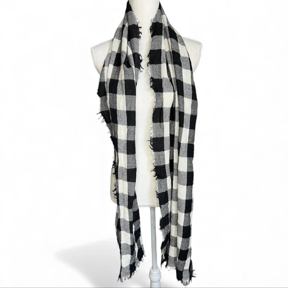 Polo Ralph Lauren Black and White Checkered Scarf wool fringe winter unisex